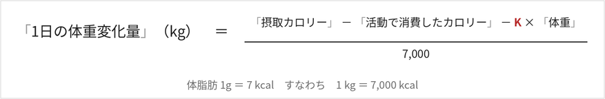 1日の体重変化量=(摂取カロリー-活動で消費したカロリー-K×体重)÷7,000