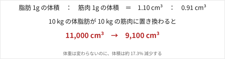 脂肪1gの体積1.10cm³に対し筋肉1gは0.91cm³。10kg置き換わると体積は約17.3%減少