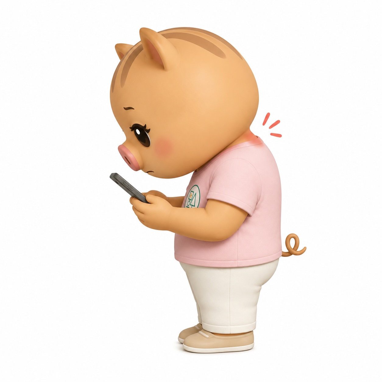 スマートフォンを見続けて首を前に突き出した姿勢（テキストネック）になっている福本医院オリジナルキャラクター「いのねえ」の横向きイラスト。下を向いてスマホを操作しており、首の後ろには負担を示すマークが描かれている。