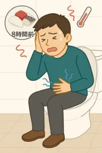 8時間前に刺身を食べた後、発熱と腹痛でトイレにうずくまる若い男性のイラスト。