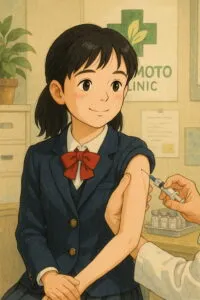 「制服姿の女子高校生が医療機関で子宮頸がんワクチンの接種を左肩に受けているシーン」