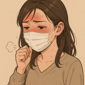 発熱と咳の症状がある、顔が赤く汗をかいたマスク姿の女性のイラスト