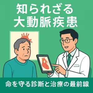 医師がタブレットを使って大動脈疾患について中年男性に説明しているイラスト