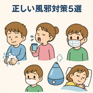 正しい風邪対策を示す5つのイラスト：手洗い、うがい、マスク着用、加湿、十分な睡眠。