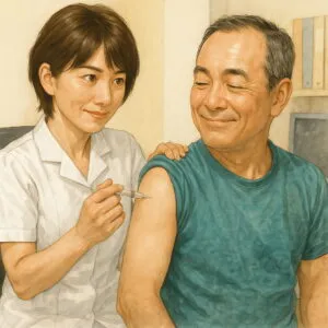 男性が診察室で看護師から左肩にワクチン接種を受けている様子
