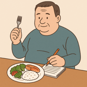 糖尿病の食事療法に取り組む中年男性が、健康的な食事を前にノートを取りながら食事している様子