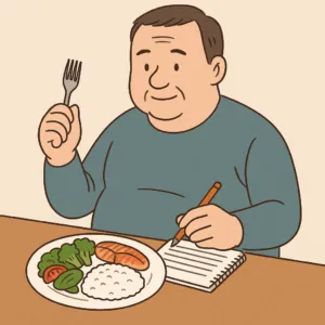 糖尿病の食事療法に取り組む中年男性が、健康的な食事を前にノートを取りながら食事している様子