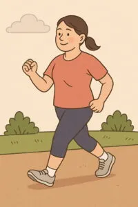 糖尿病の運動療法として屋外をウォーキングしている女性