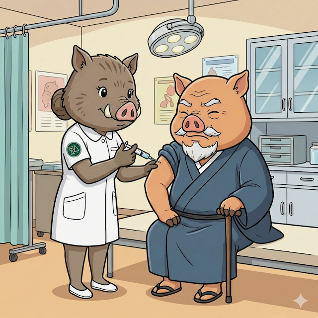 看護師の制服を着たイノシシのキャラクター「いのか」が、和装で杖を持った高齢のキャラクター「いのじい」の左肩にワクチンを注射しているイラスト。