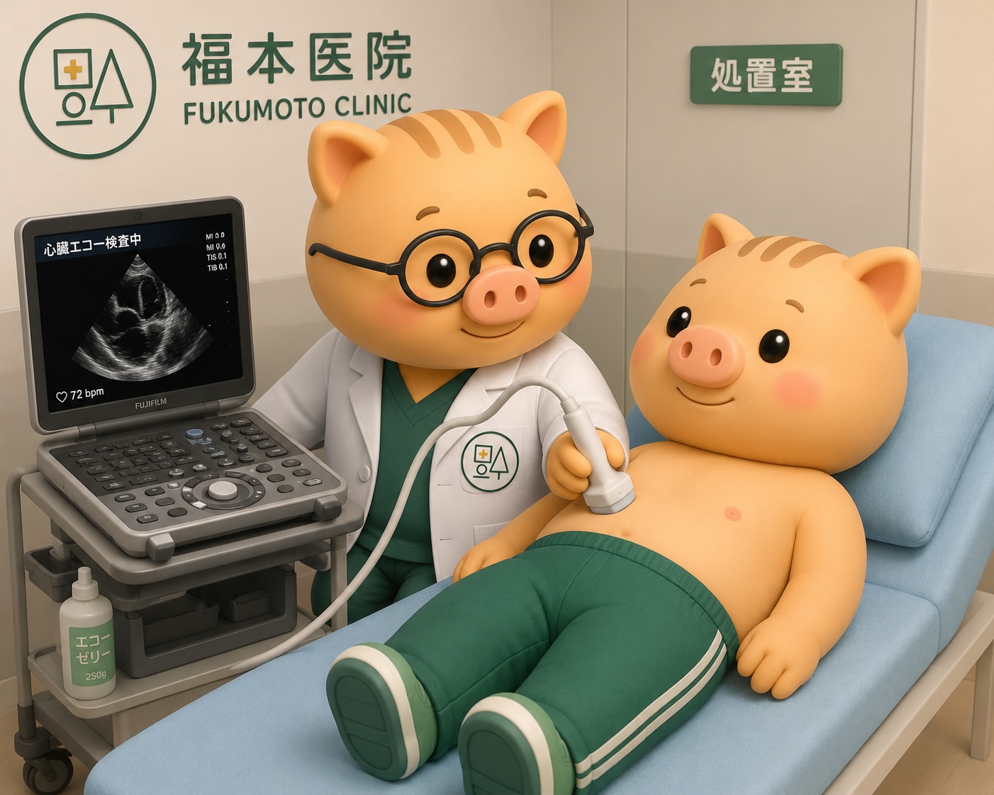 福本医院の処置室で、ふくぼ先生がポケットエコーを用いて、いのぱぱの心臓超音波(心エコー)検査を行っている様子。モニターには心臓エコー画像が表示され、福本医院の公式ロゴマークが描かれている。