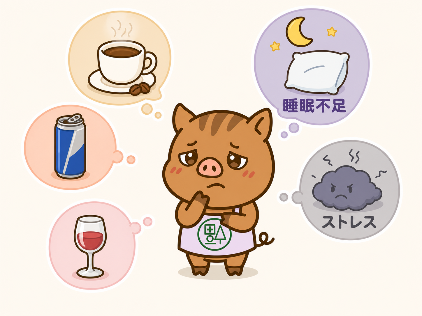 不整脈と生活習慣を見直す福本医院公式キャラクター「いのっち」 カフェイン・飲酒・睡眠不足・ストレスなど不整脈のきっかけを考える福本医院の公式キャラクター「いのっち」