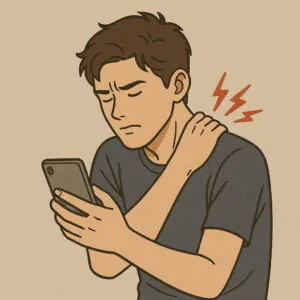 「スマートフォンを見ながら左肩を押さえて肩こりを感じている若い男性のイラスト」