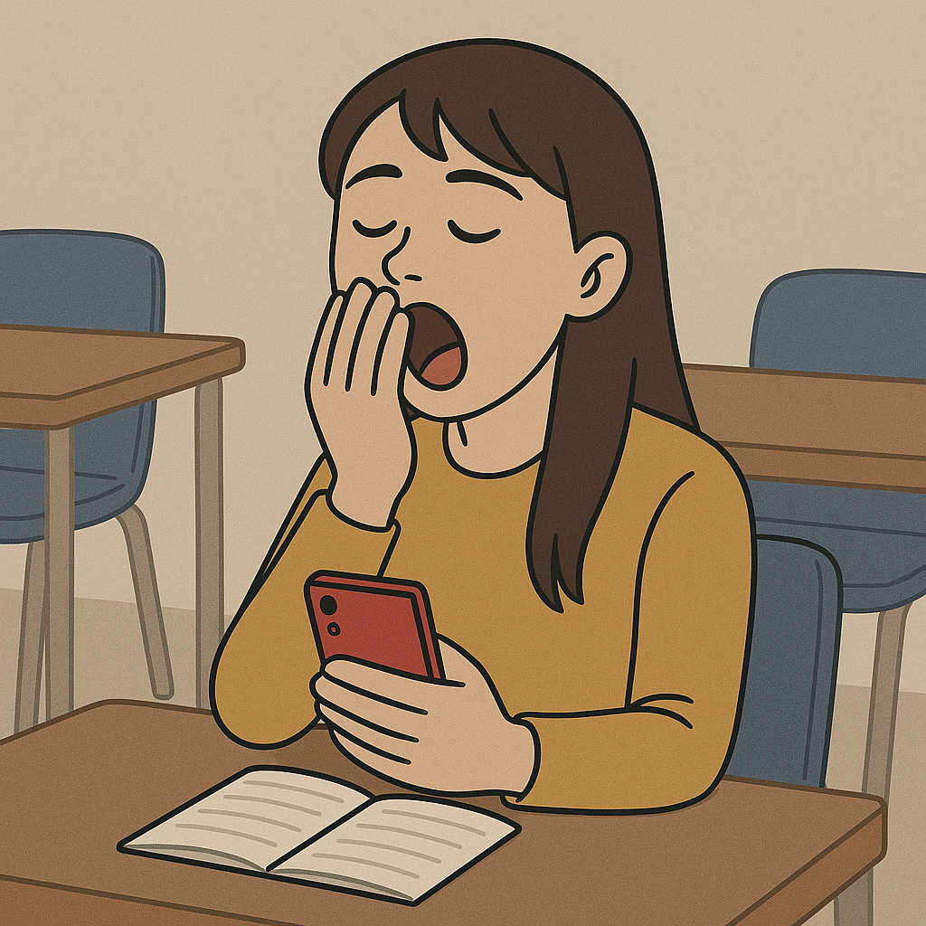 「大学の授業中に赤いスマートフォンを見ながら大きなあくびをする学生」