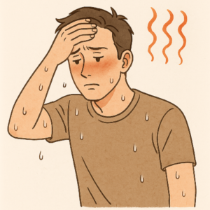 汗をかき、額に手を当てて体調不良を訴える男性のイラスト