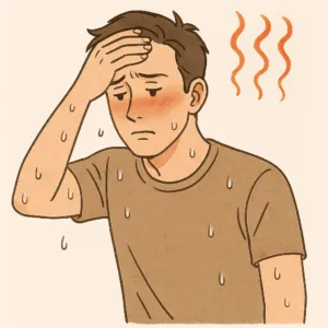 汗をかき、額に手を当てて体調不良を訴える男性のイラスト