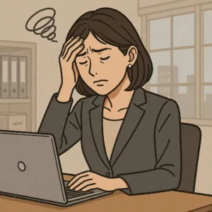 「頭痛を訴えるキャリアウーマンが、パソコン作業中に額を押さえているイラスト」