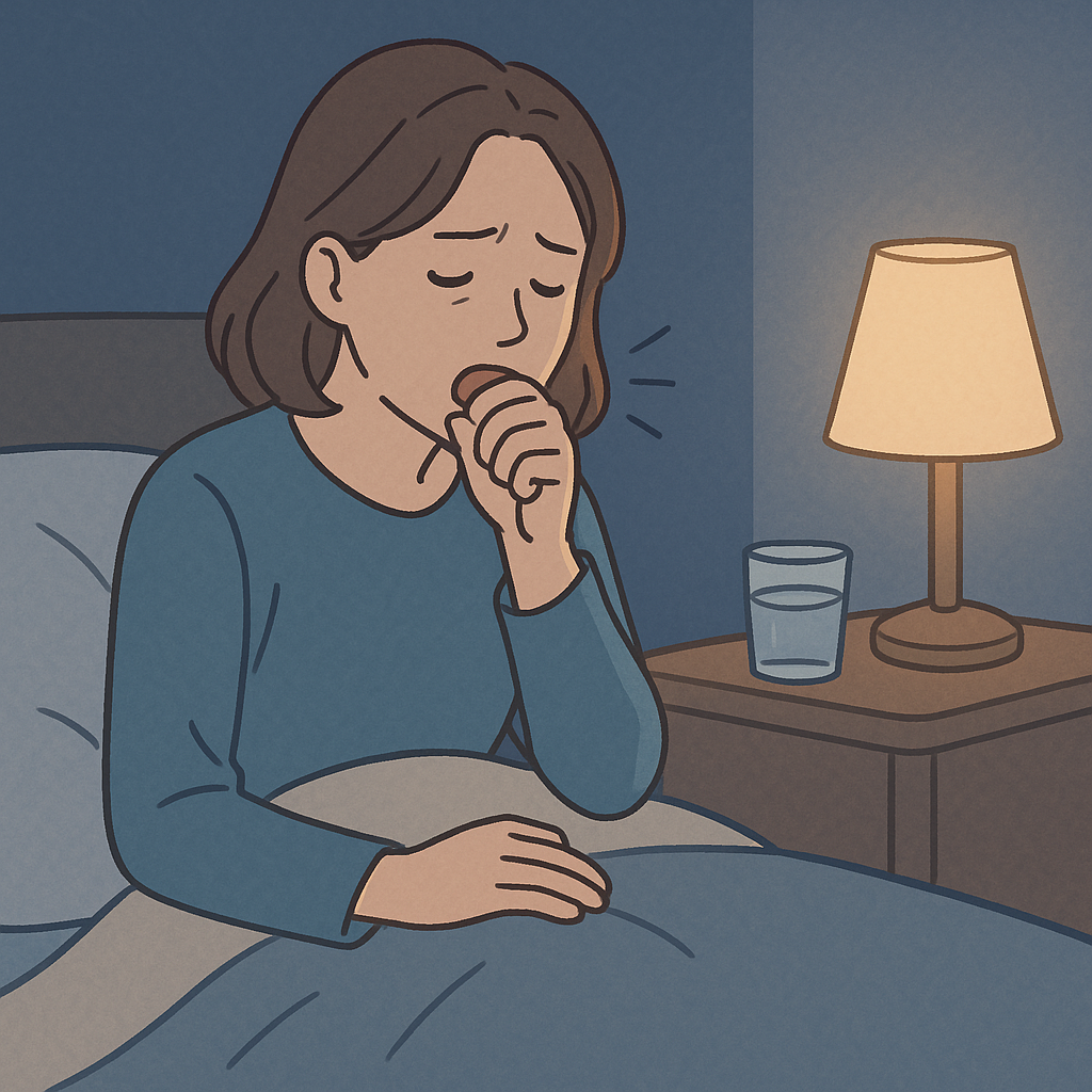 夜間、ベッドの上で咳き込む女性。暗い部屋でランプの明かりがともる中、苦しそうな表情をしている様子。