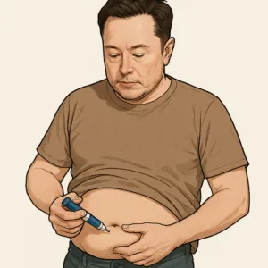 「男性が、自宅でウゴービ®自己注射を腹部に行っている様子のイラスト」