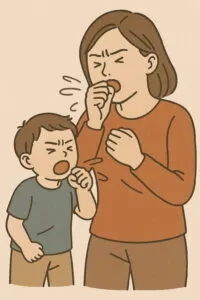百日咳の症状で咳き込む母親と男の子が並んで咳をしているイラスト。