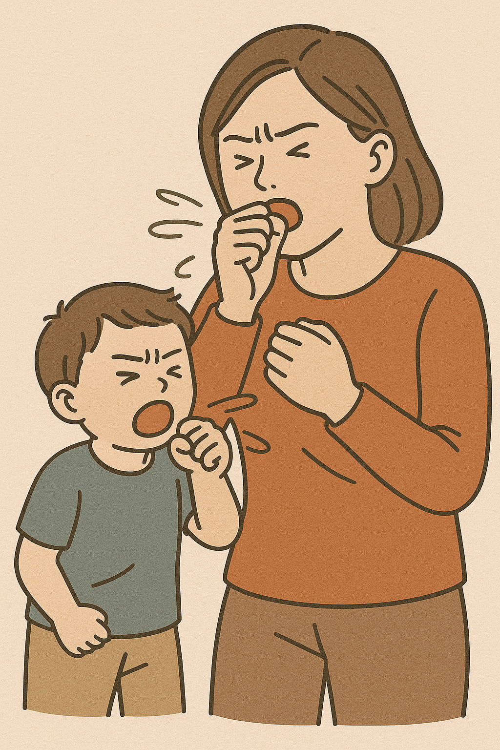 百日咳の症状で咳き込む母親と男の子が並んで咳をしているイラスト。
