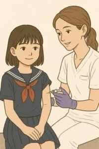 女子が、笑顔でインフルエンザワクチン接種を受けている。