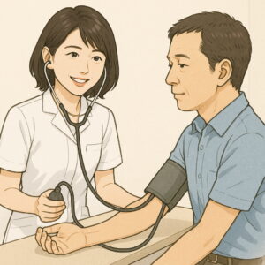 女性看護師が、男性患者の血圧を測定している様子のイラスト