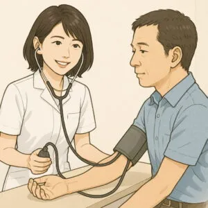 女性看護師が、男性患者の血圧を測定している様子のイラスト