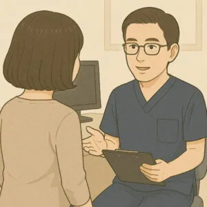 紺のスクラブを着た眼鏡の男性医師が、診察室で50歳前後の女性患者と向き合い、問診している様子のイラスト