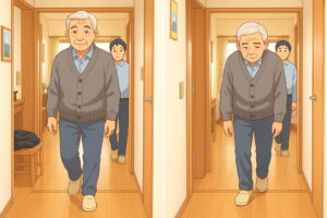 廊下を歩く高齢男性の比較イラスト。左は笑顔で背筋が伸びた様子、右はやや前かがみで疲れた表情の男性。
