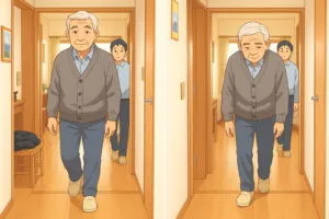廊下を歩く高齢男性の比較イラスト。左は笑顔で背筋が伸びた様子、右はやや前かがみで疲れた表情の男性。