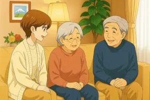 ソファに座って談笑する娘と高齢の両親。和やかなリビングで微笑み合う3人。