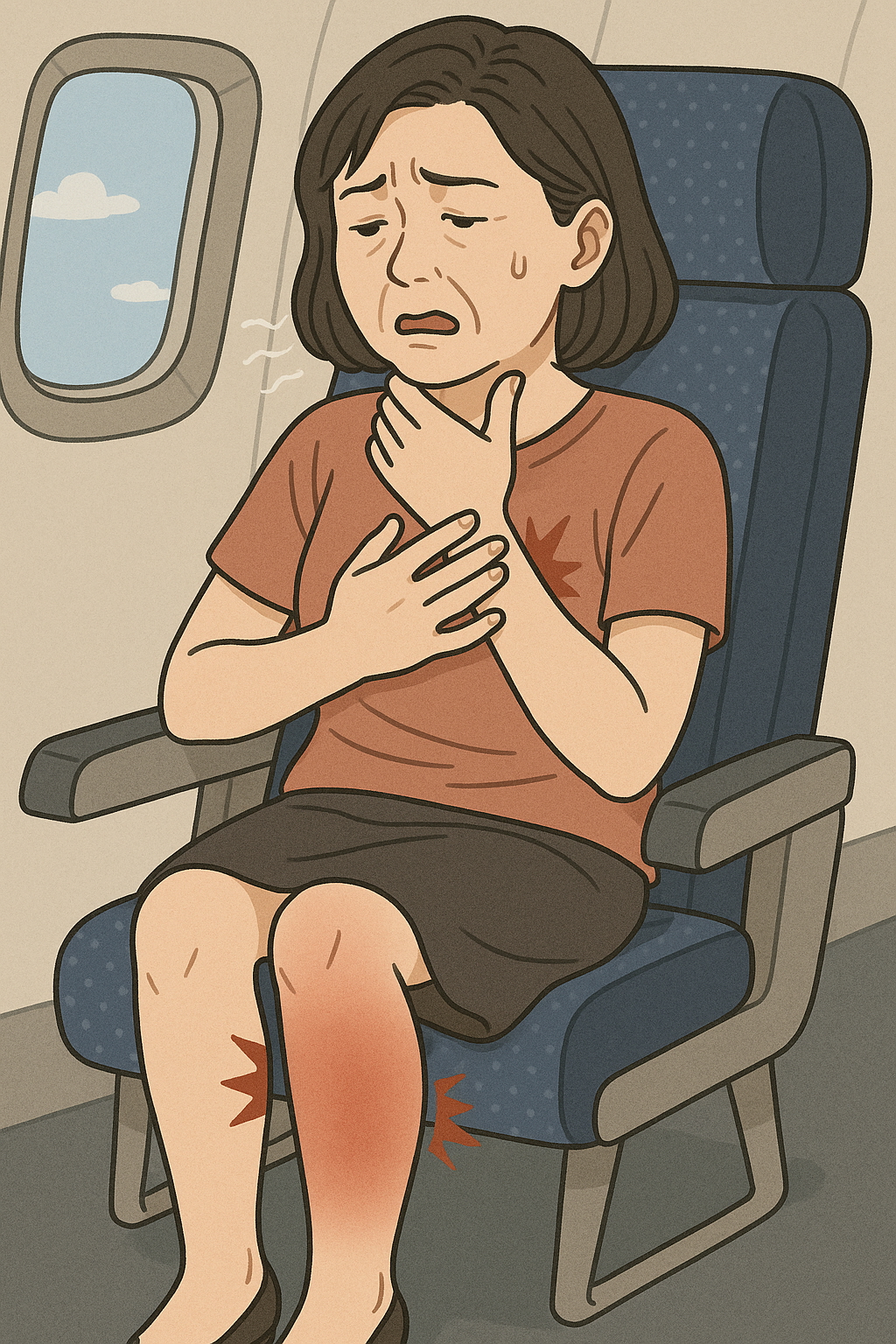 飛行機のエコノミークラス座席で胸痛と呼吸困難を訴え、ふくらはぎが赤く腫れている女性