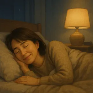 満ち足りた笑顔で深く眠る女性がベッドに横たわる様子