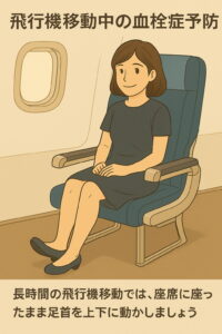 飛行機のエコノミークラス座席で、左足のつま先を上に向けて足首運動をする女性