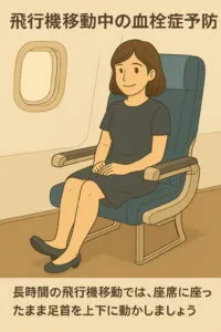 飛行機のエコノミークラス座席で、左足のつま先を上に向けて足首運動をする女性