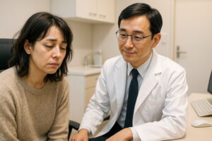 眠そうな表情をした女性患者と、それを診察する男性医師