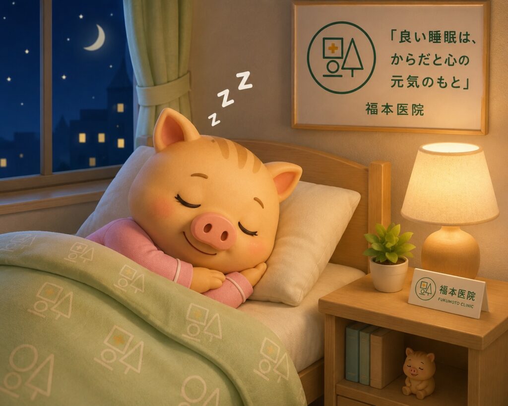 福本医院の公式キャラクター「いのねえ」がベッドでぐっすり眠っているイラスト。良質な睡眠の大切さや、不眠症・睡眠薬・睡眠衛生をイメージしたシーン。
