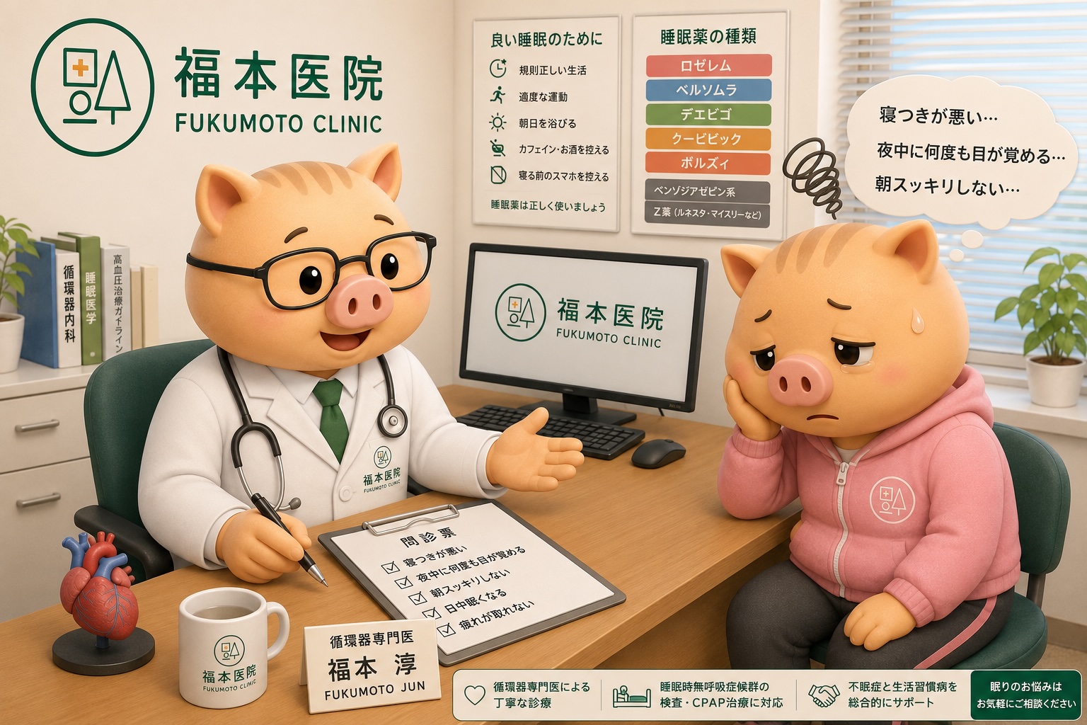 福本医院の診察室で、循環器専門医の福本淳医師（ふくぼ先生）が、寝つきの悪さや中途覚醒に悩む「いのねえ」の相談を受けているイラスト。不眠症や睡眠薬の選び方、睡眠外来をイメージした診療シーン。