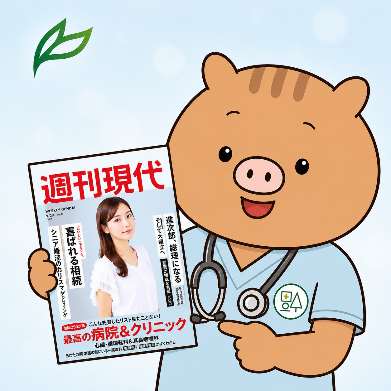 福本医院の公式キャラクター「ふくぼ先生」が週刊現代を手に持ち、週刊現代「最高の病院＆クリニック（心臓・循環器科編）」掲載を紹介しているイラスト