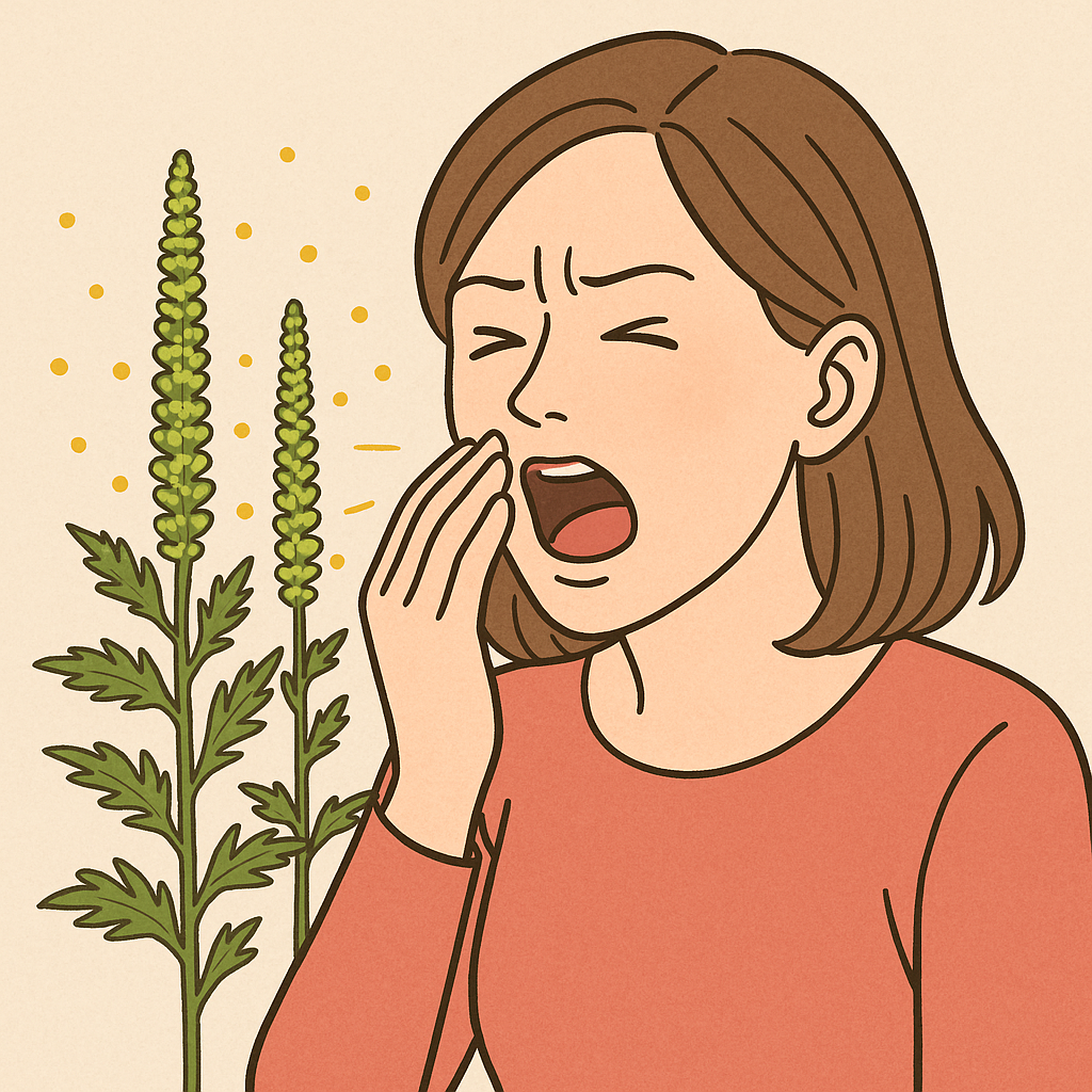 ブタクサ花粉に反応してくしゃみをしている32歳女性。背後には黄色い花粉を放つブタクサが描かれており、季節性アレルギーの症状を表現している。