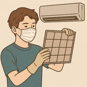 25歳の男性がマスクを着用し、埃のついたエアコンフィルターを手に持って掃除している。清潔な室内環境づくりとハウスダスト対策を意識したシーン。