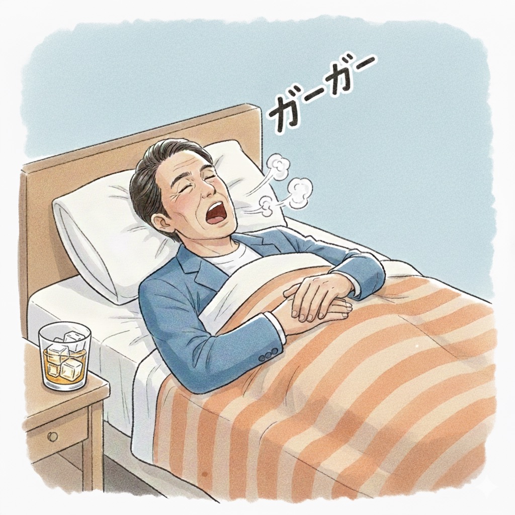 男性がベッドで寝酒をしており、口を開けて大きなイビキ(ガーガー)をかいて眠っている。ベッドサイドのテーブルにはウイスキーのボトルとロックグラスが置かれている。