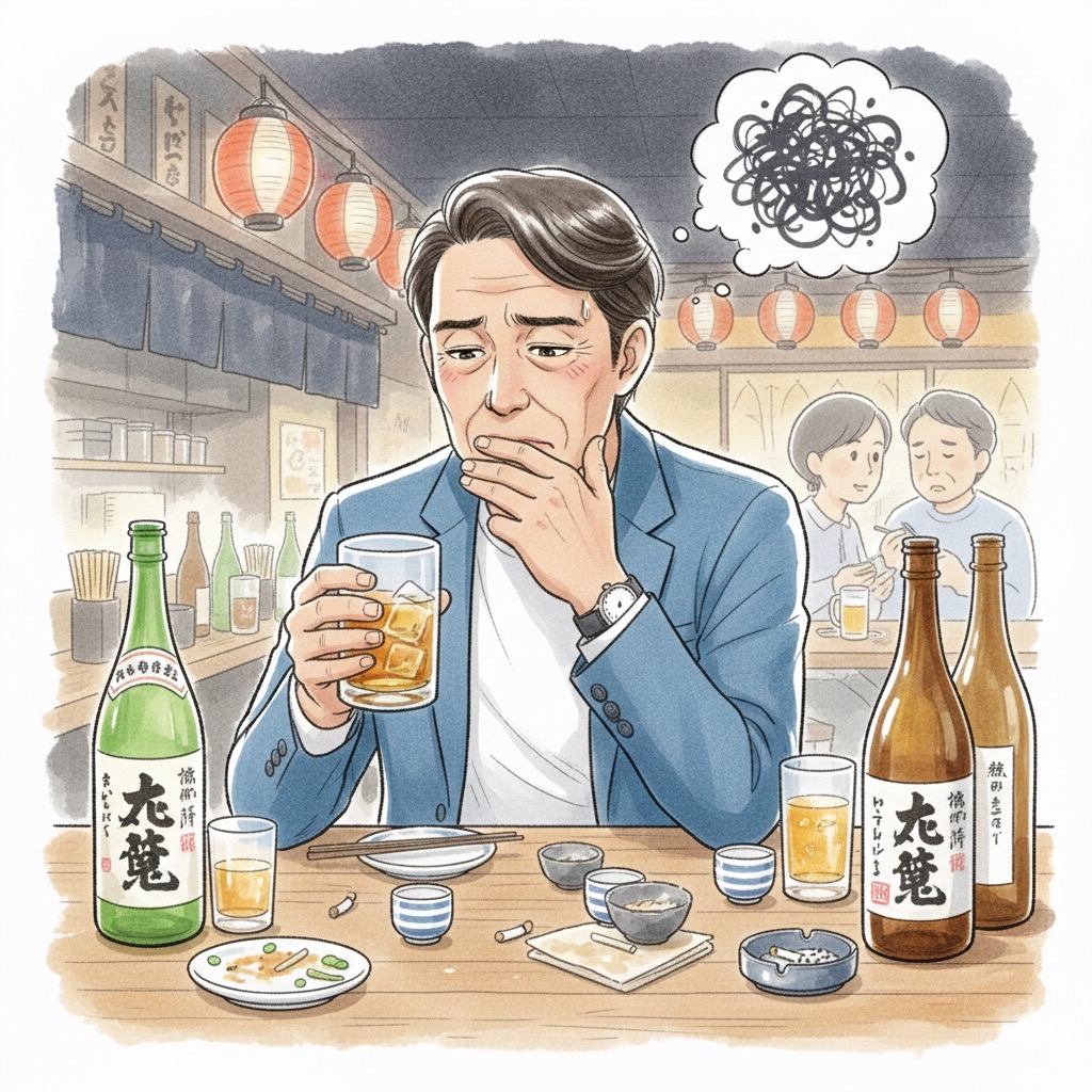 男性が居酒屋のカウンターで深酒をしており、ストレスで悩んでいる様子。手で口元を覆い、頭上にはモヤモヤした思考の吹き出しがある。テーブルには空き瓶やグラス、つまみが散乱している。