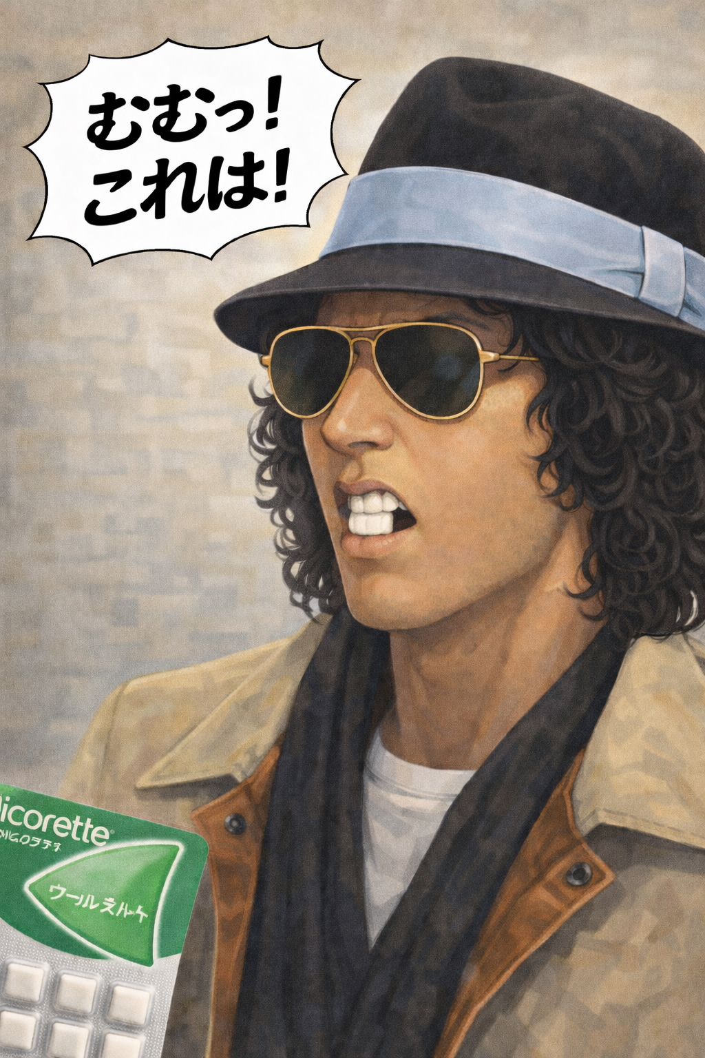 帽子とサングラスを着けた男性がニコレットガムを噛み、驚いた表情をしているイラスト。左下にニコレットガムのシートが描かれ、「むむっ！これは！」というセリフが表示されている。