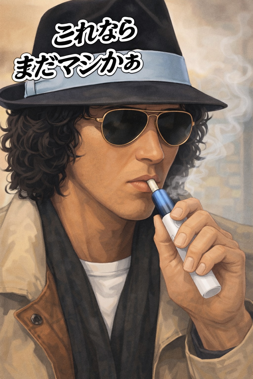 帽子とサングラスを着けた男性が、加熱式タバコの代替となるデバイスを口元に当てながら考え込んでいるイラスト。「これならまだマシかぁ」という心情を表す文字が描かれている。