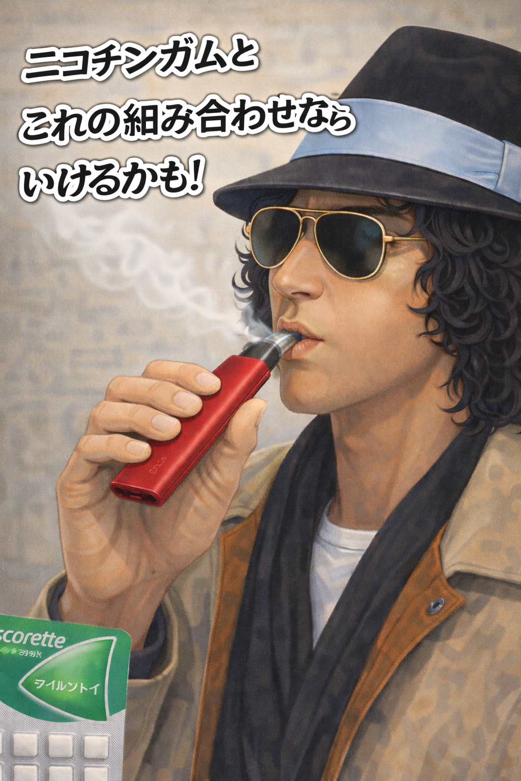 帽子とサングラスを着けた男性が赤いベイプを使用し、左下にニコレットガムのシートが描かれているイラスト。「ニコチンガムとこれの組み合わせならいけるかも！」という前向きなセリフが表示されている。