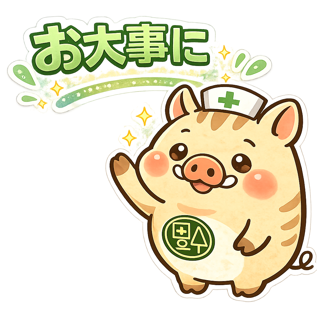 福本医院公式キャラクター「リリー看護師」が手を振りながら「お大事に」とやさしく声をかけているイラスト。