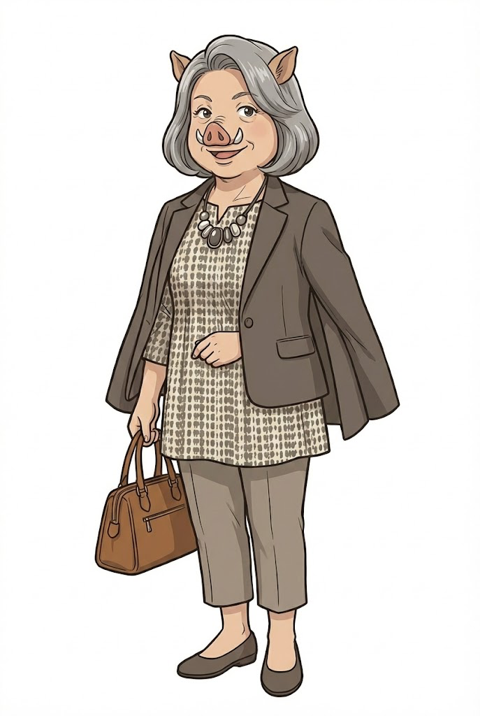 福本医院の公式キャラクター「いのみさん」。グレーのボブヘアで、柄物のトップスにブラウンのジャケットを肩掛けし、ハンドバッグを持ったエレガントな洋装のイノシシのマダム。
