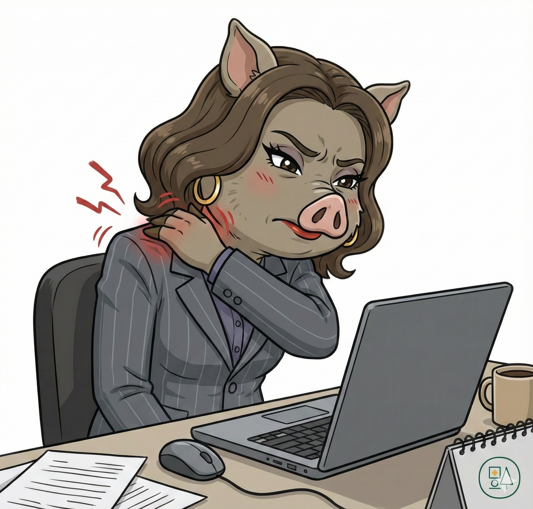 「いのの母」がストレートネックの悪い姿勢でパソコン作業をしており、首と肩の強い痛みに顔をしかめているイラスト。