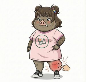 左ふくらはぎが大きく赤く腫れ上がり、不安そうな表情で痛みを示す「いののさん」のイラスト。腫れた部分が指で押されている。